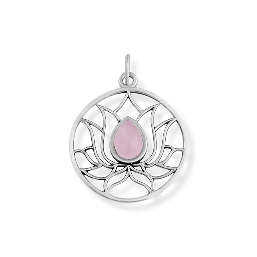 Pingente Redondo Trabalhado Com Pedra Quartzo Rosa Em Prata 925