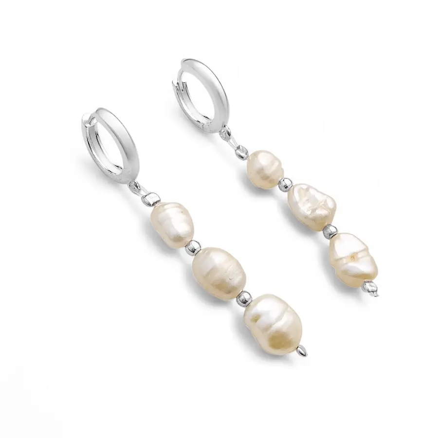 Brinco de Argola Com Pérolas Natural em Prata 925