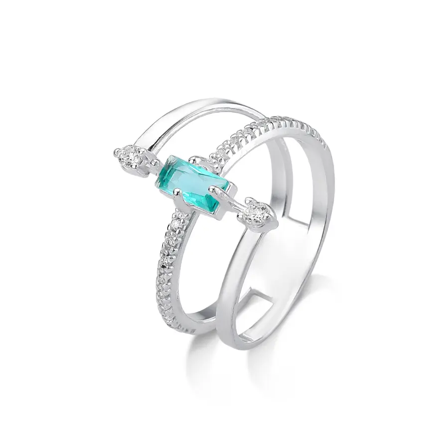 Anel 3 Aros com  Zircônia cristal e verde em Prata 925