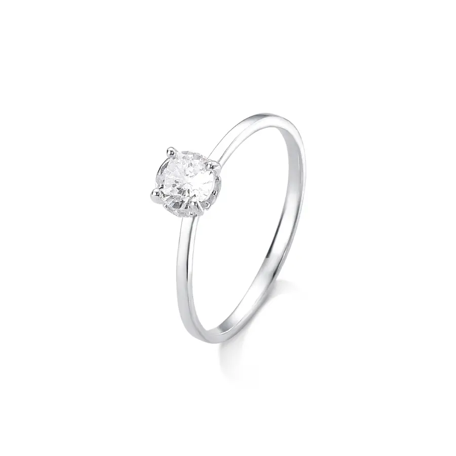 Anel Solitário Aro Liso com Zircônia Cristal em Prata 925